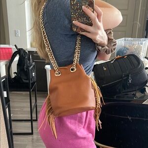 Brown Fringe Bucket Bag